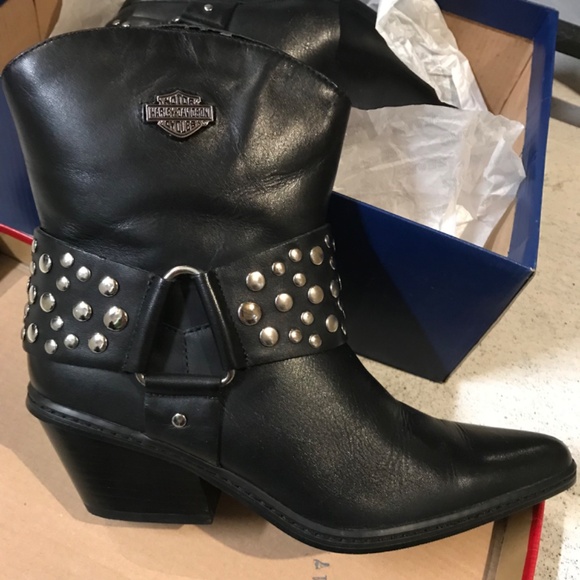 Harley-Davidson Studded Leather Moto Booties Women's Size 5.5 Black Pointy Toe - Picture 1 of 7
